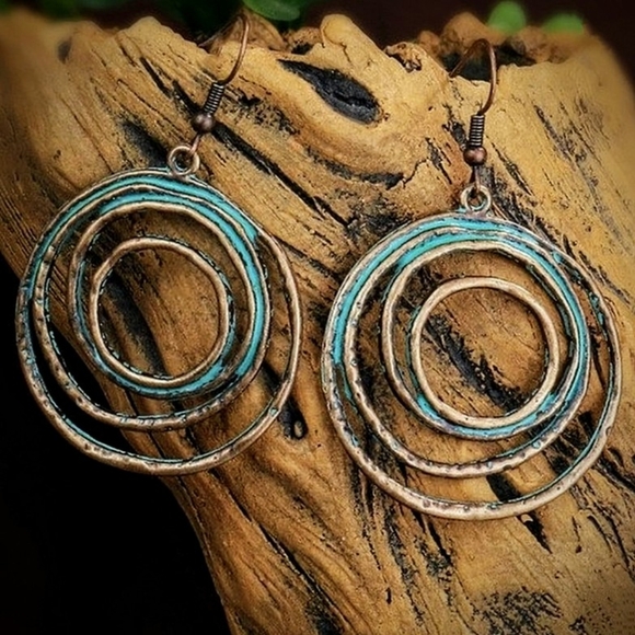 Boho Layered Circle Dangle Drop Earrings Vintage Petinaed Copper/Bronze Handmade - Picture 3 of 14